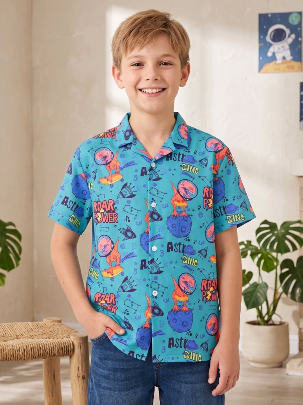 NWT | Boys' Astro Dino Button-Up Shirt | Space Dinosaur | Teal | Size 12